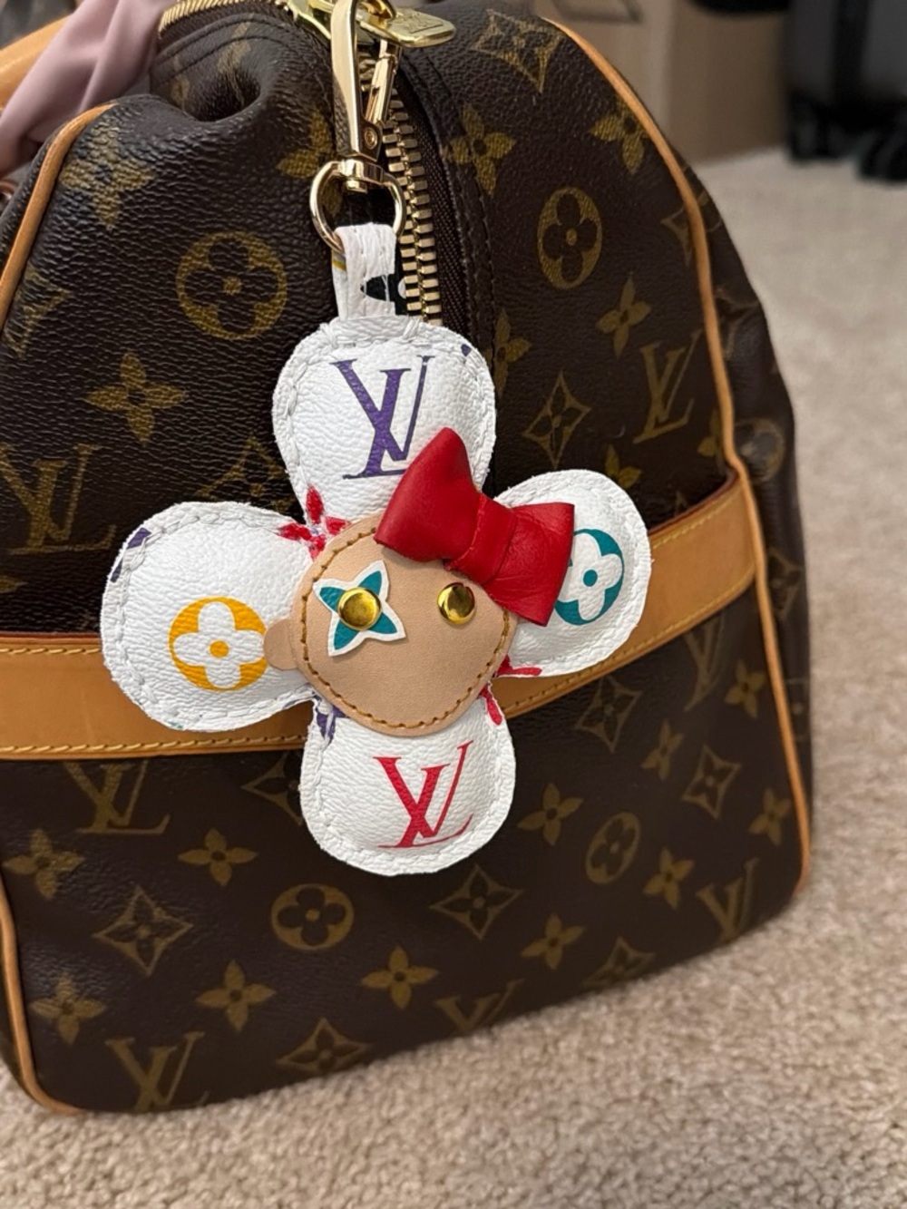 Upcycled LV White Multicolored Monogram Canvas and Leather Flower Keychain/Charm
